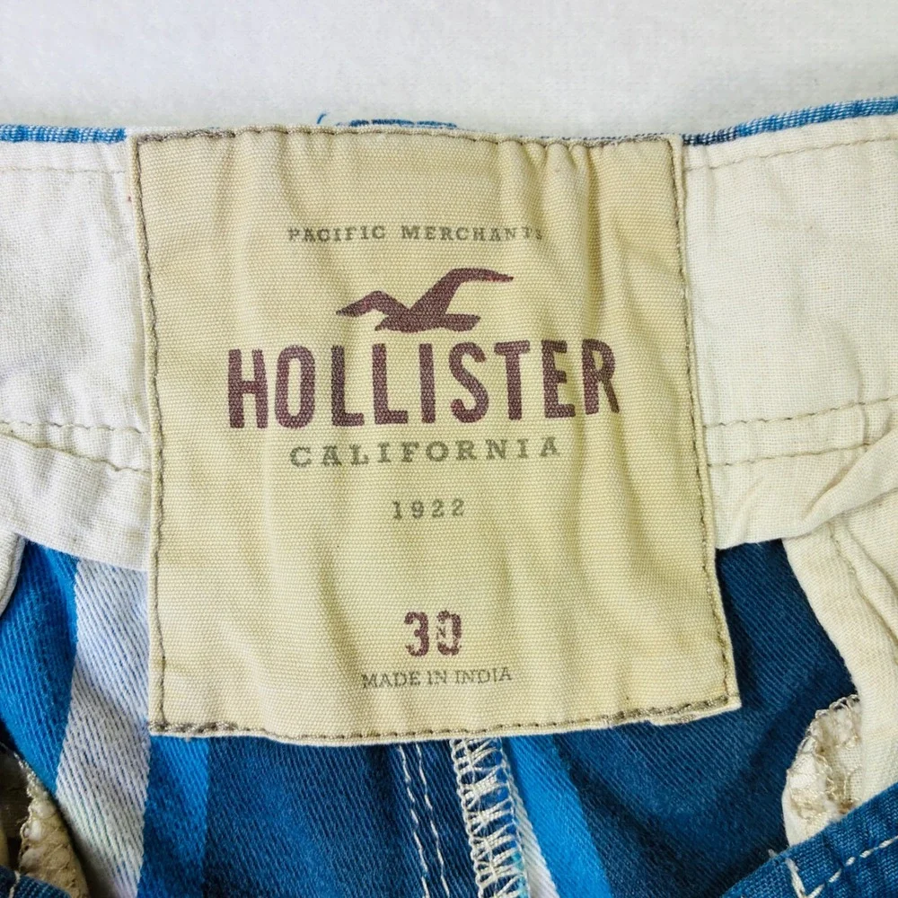 Hollister Mens Blue Plaid Flat Front Chino Shorts Button Fly 30 32